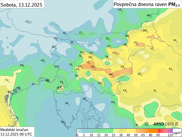 Napoved PM2,5 za danes